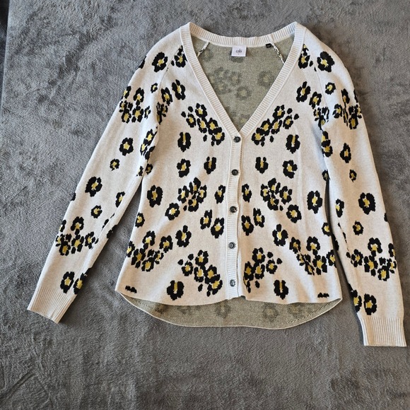 CAbi Sweaters - Cabi 5277‎ Leopard Floral Knit Cardigan Sweater Button Front Beige Yellow S